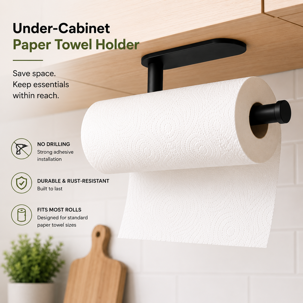 Varden Premium Under-Cabinet Paper Towel Mount. Adhesive and Screws Included For Easy Mounting