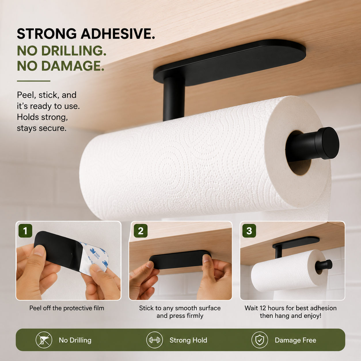 Varden Premium Under-Cabinet Paper Towel Mount. Adhesive and Screws Included For Easy Mounting